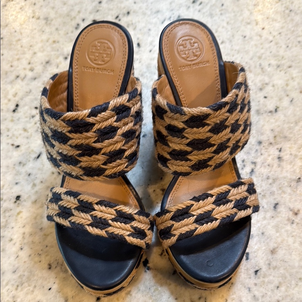 Tory Burch Black and Tan Espadrille Shoes with Woven Design
